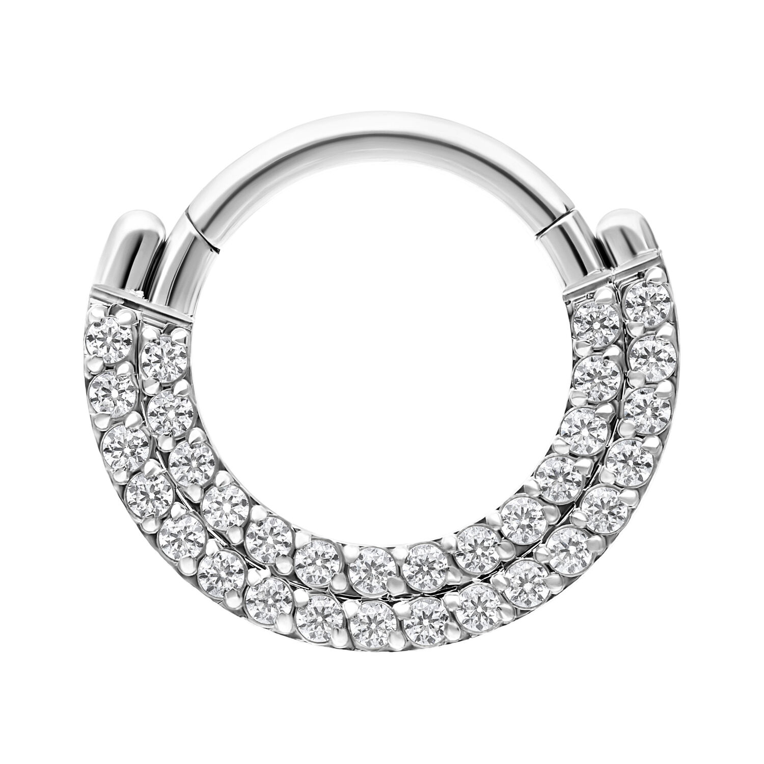 Clicker à Cristaux Double Rangée en Argent Anneau de piercing argenté avec deux rangées de cristaux clairs sur fond blanc