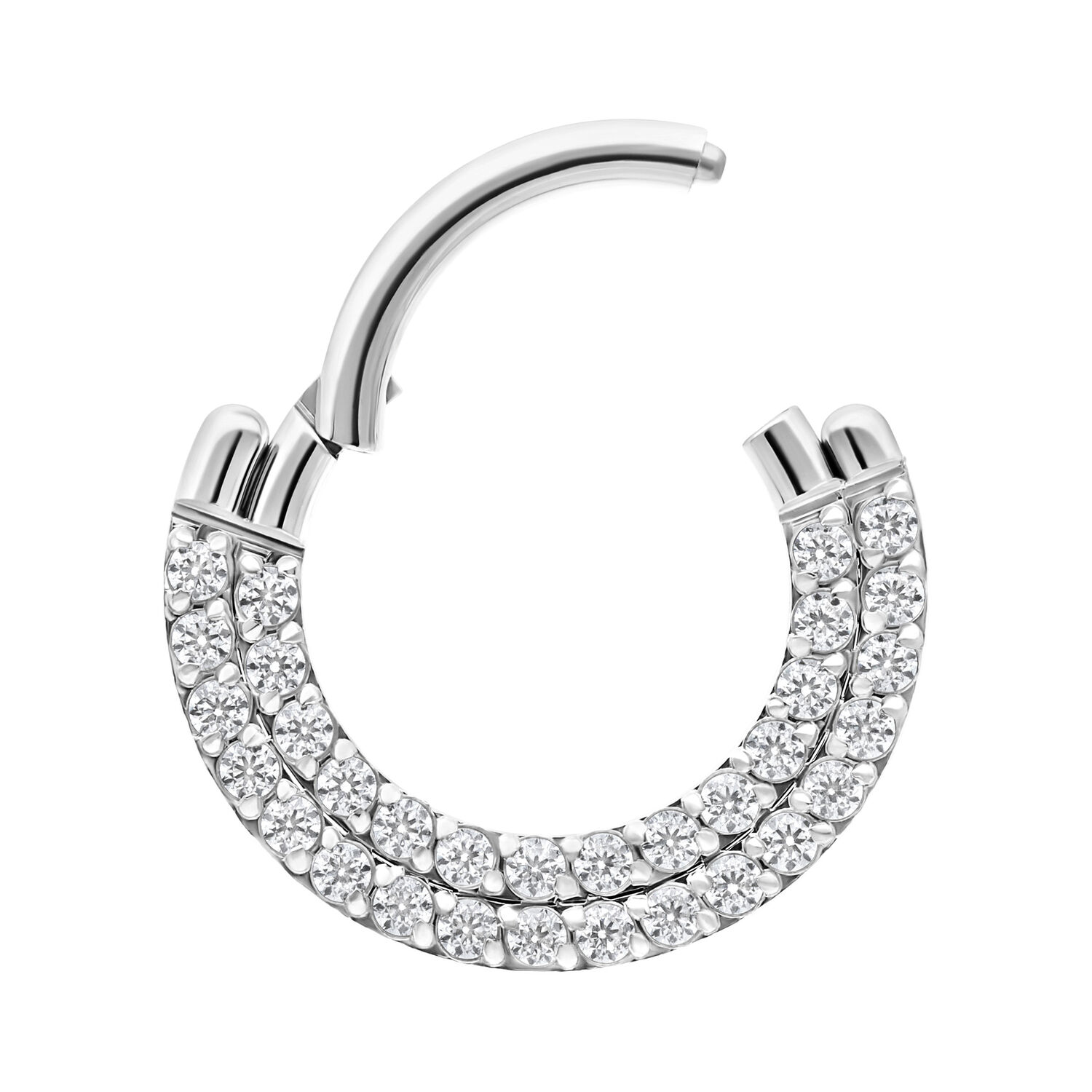 Clicker double rangée de cristaux en argent Anneau de piercing argenté avec double rangée de cristaux sur fond blanc