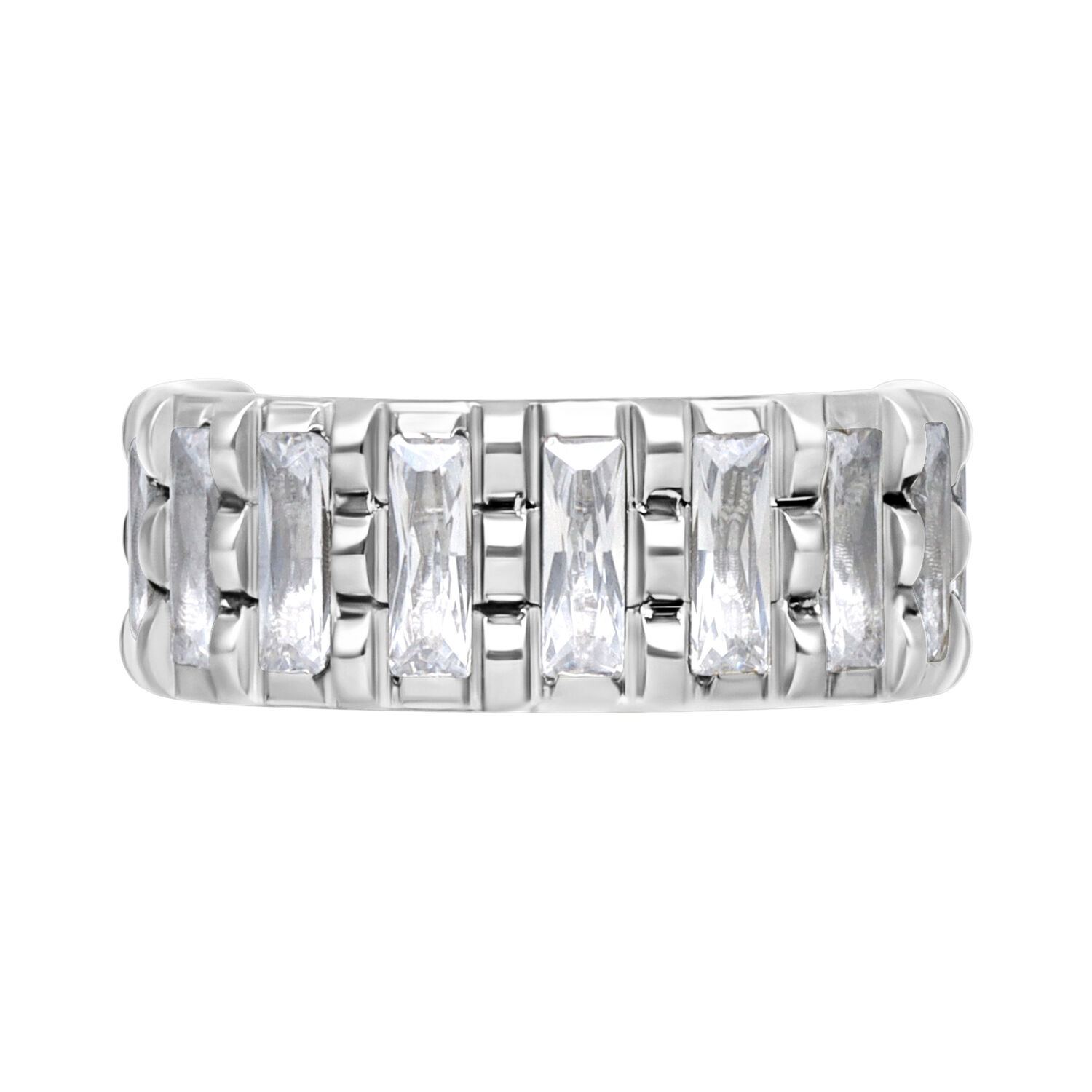 Anneau de piercing argenté avec cristaux clairs sur fond blanc