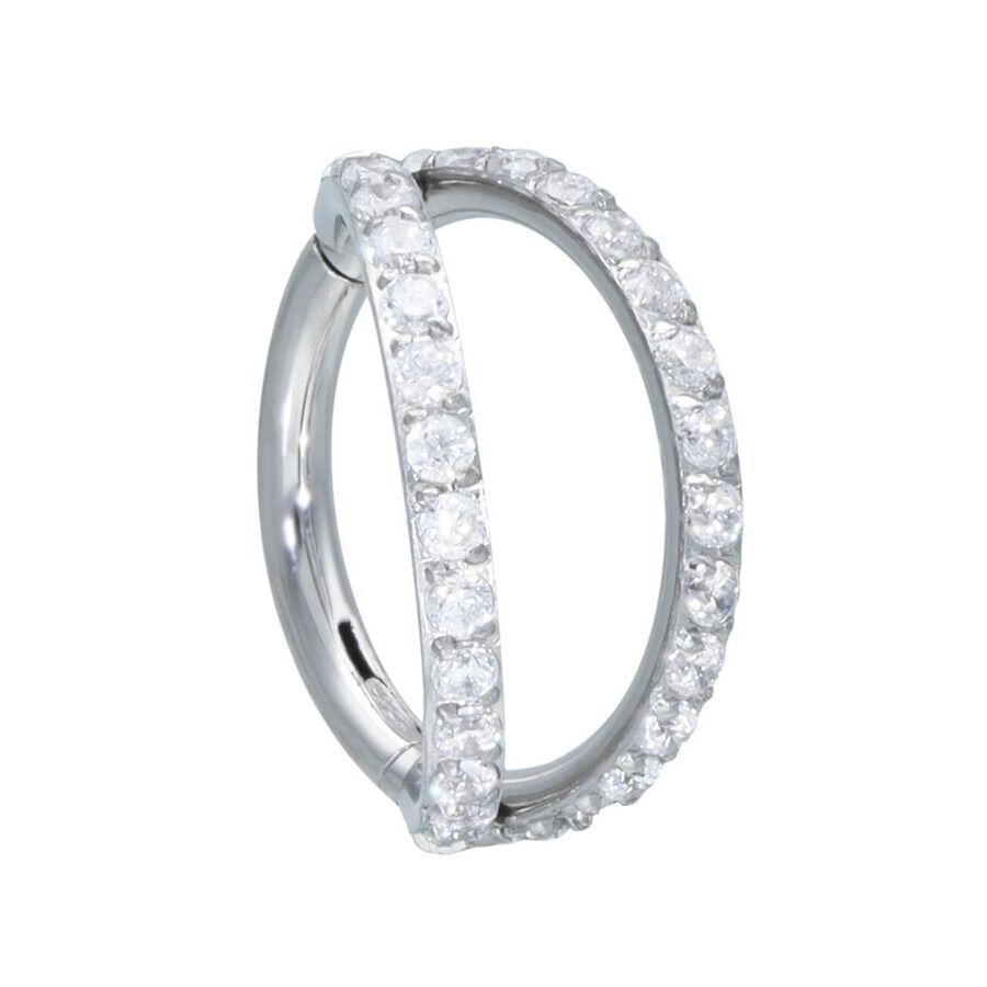Anneau Clicker Double Cristal Argenté Anneau Clicker argenté avec double rangée de cristaux sur fond blanc