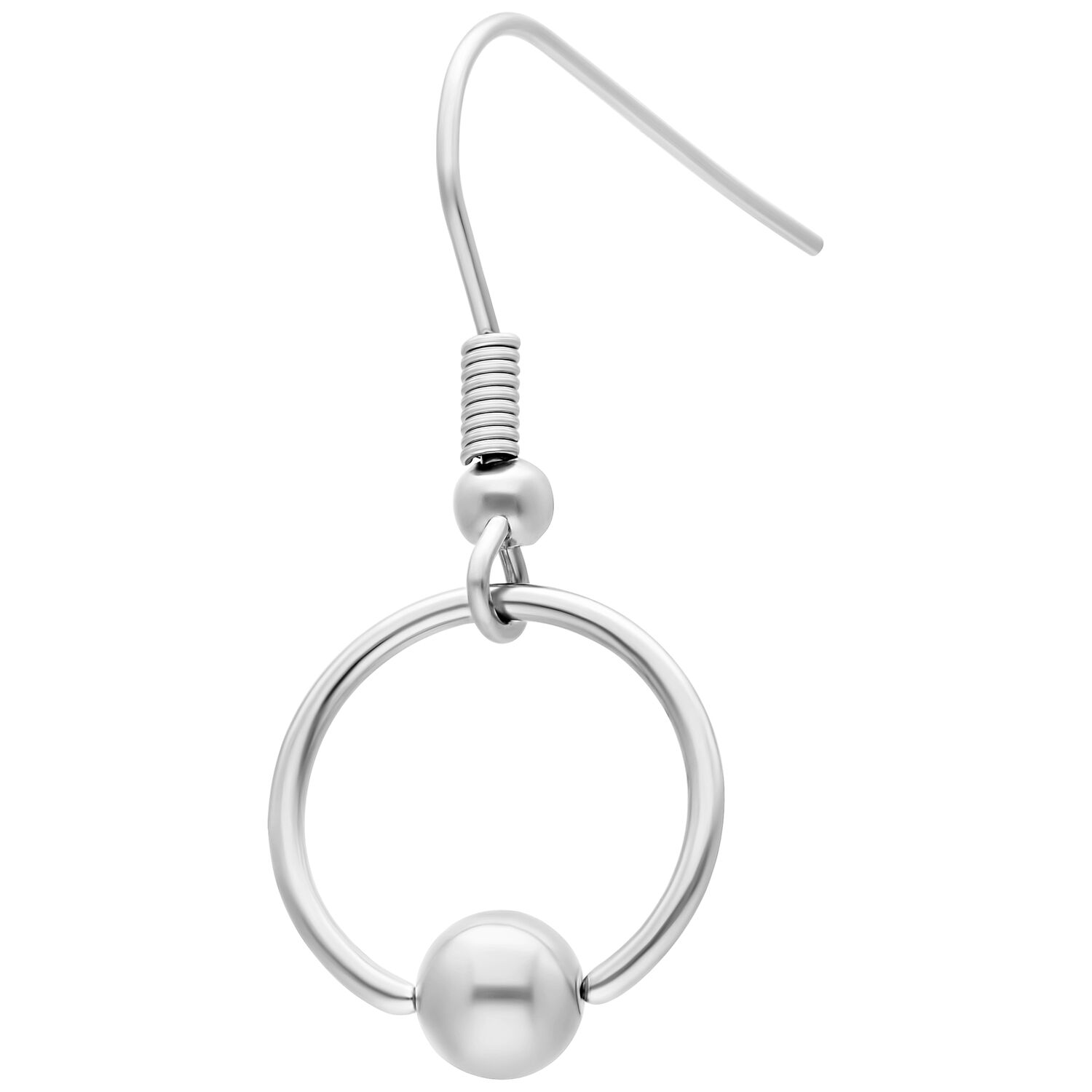 Boucles d'oreilles anneaux en O en acier chirurgical argenté Boucles d'oreilles anneaux en O en acier chirurgical argenté avec fermoir sur fond blanc