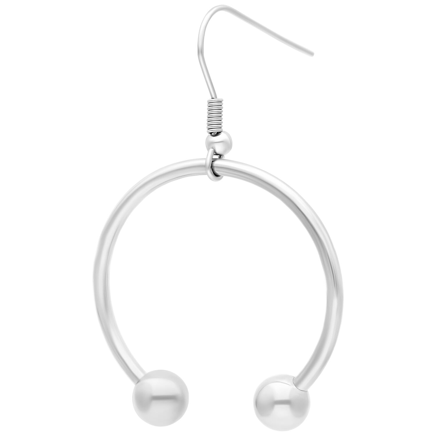 Boucles d'oreilles barbell en acier chirurgical argenté Boucles d'oreilles barbell rondes en acier chirurgical argenté avec fermoir à tige sur fond blanc