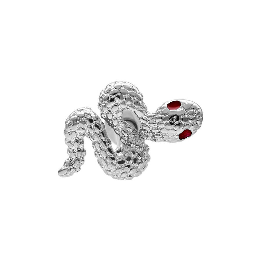 Barbell serpent argenté en acier chirurgical Barbell serpent argenté avec yeux rouges sur fond blanc