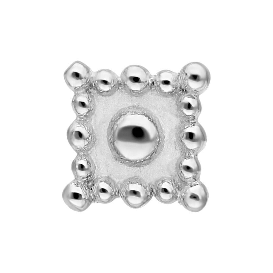 Barbell carré oriental en acier chirurgical argenté Barbell carré argenté avec design oriental, filetage externe, sur fond blanc