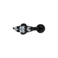 Barbell noir avec trois cristaux clairs sur fond blanc