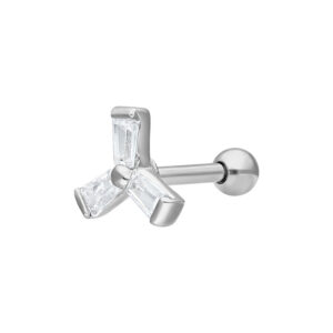 Barbell d'oreille argenté avec embout en cristal en forme de moulin à vent sur fond blanc