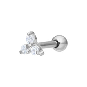 Barbell d'oreille argenté avec trois cristaux clairs sur fond blanc