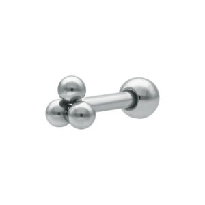 Barbell d'oreille argenté avec trois boules sur fond blanc