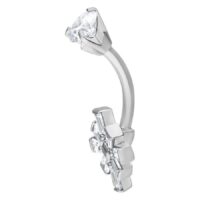Banane de nombril Oriental Namid argentée 8,0 mm Banane de nombril argentée en acier chirurgical avec ornements en cristal sur fond blanc