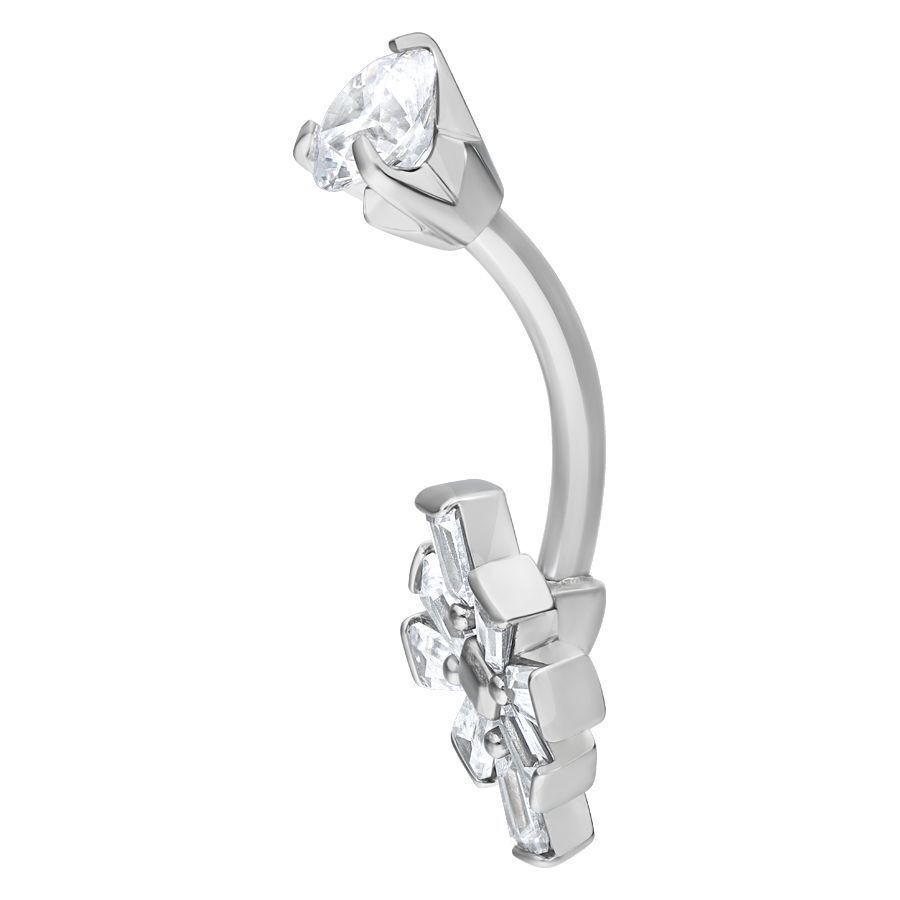 Banane de nombril Oriental Namid argentée 8,0 mm Banane de nombril argentée en acier chirurgical avec ornements en cristal sur fond blanc