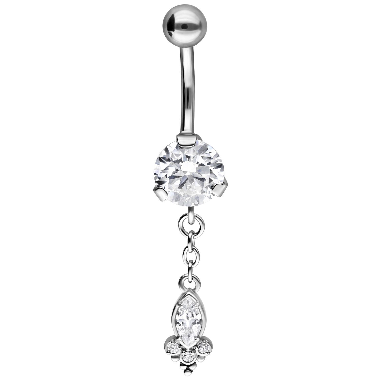 Piercing de nombril en argent avec cristaux Piercing bananabell en argent avec cristaux clairs sur fond blanc