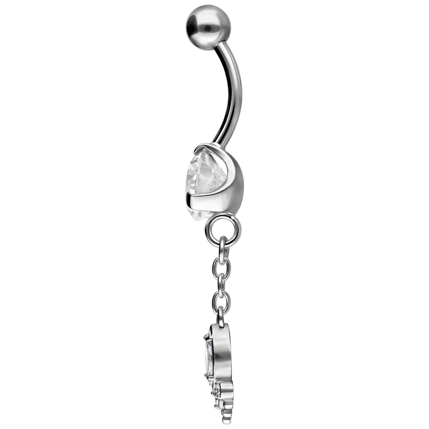Banane en argent avec pendentif en cristal Banane de nombril en argent en acier chirurgical avec pendentif en cristal clair sur fond blanc