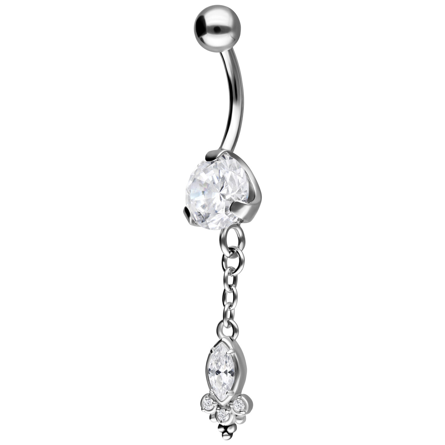 Banane de nombril en argent avec pendentif en cristal Banane de nombril en acier chirurgical avec pendentif en cristal clair sur fond blanc