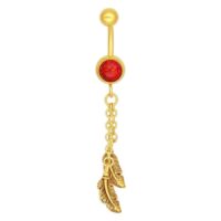 Piercing nombril doré avec opale rouge Bananabell doré avec opale synthétique rouge et pendentif plume sur fond blanc