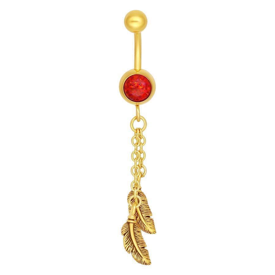 Piercing nombril doré avec opale rouge Bananabell doré avec opale synthétique rouge et pendentif plume sur fond blanc
