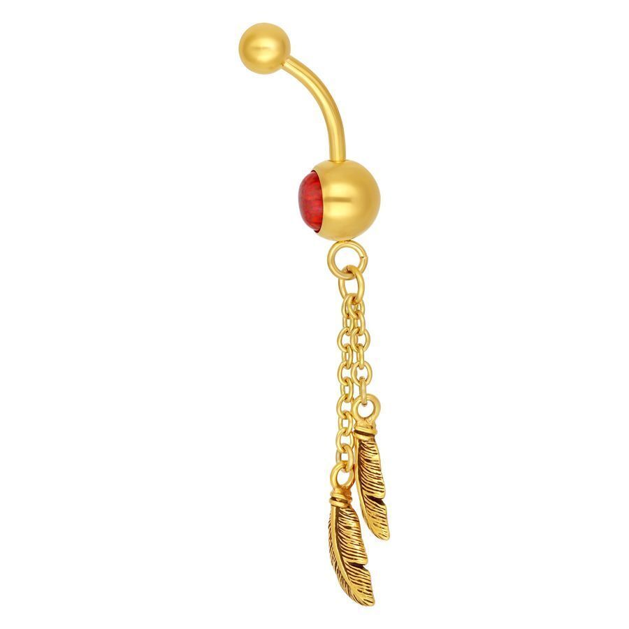 Banane dorée avec opale rouge et plumes Piercing banane dorée avec opale rouge et deux pendentifs plumes sur fond blanc