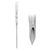 Optiva aiguilles en acier chirurgical 316L Deux aiguilles Optiva, une avec pointe et une avec poignée en plastique sur fond blanc