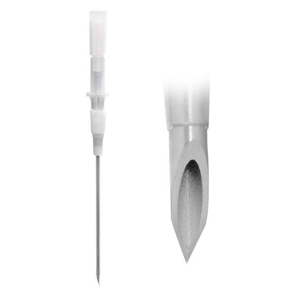 Optiva aiguilles en acier chirurgical 316L Deux aiguilles Optiva, une avec pointe et une avec poignée en plastique sur fond blanc
