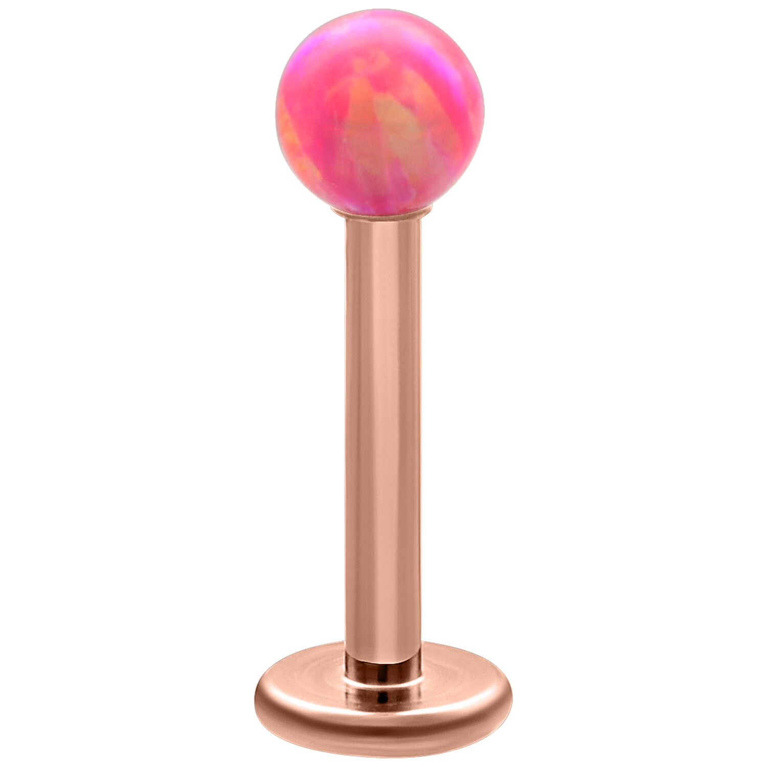Labret à boule d'opale 5,0 mm en or rose Labret avec tige en or rose et boule d'opale rose sur fond blanc