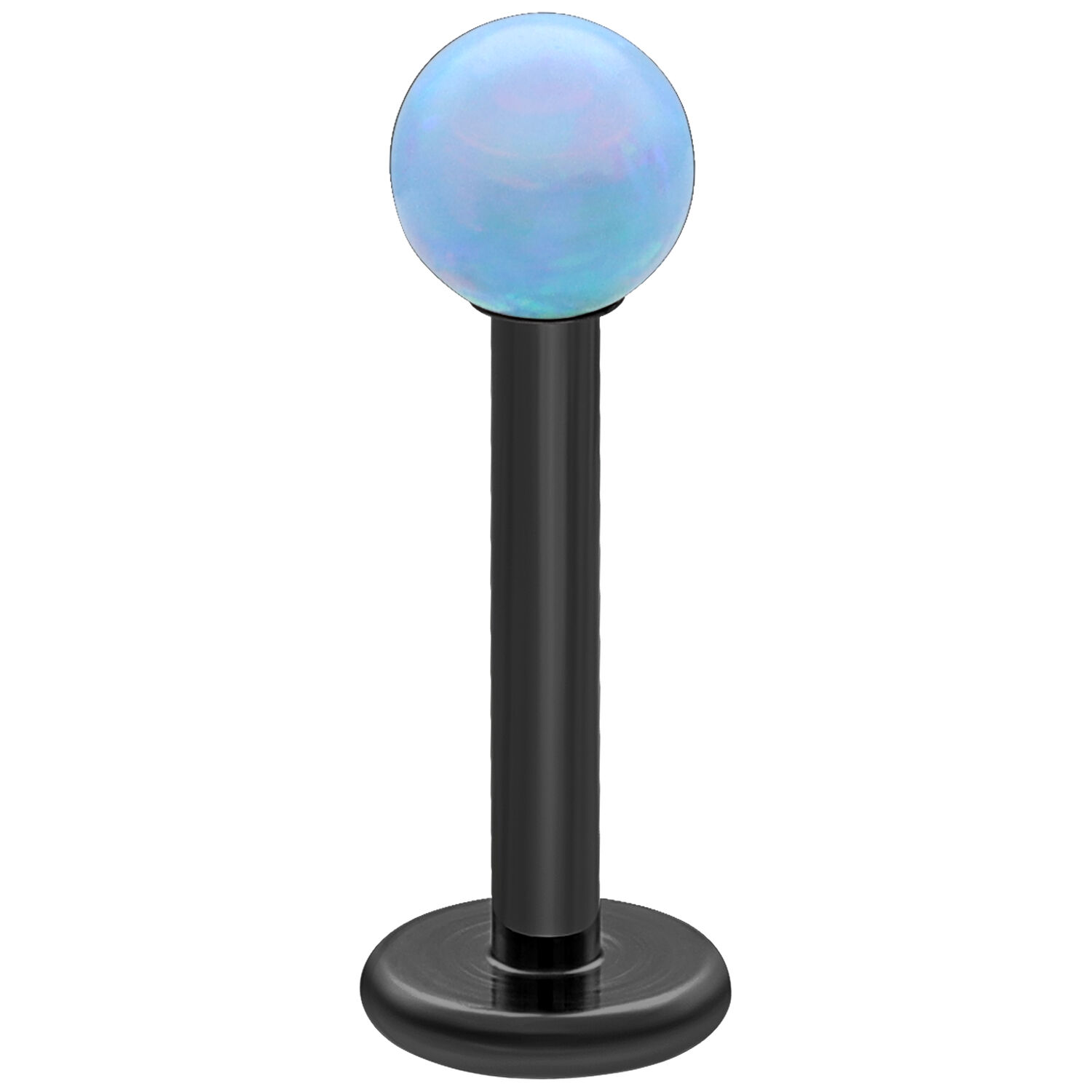 Labret Piercing en Opale Bleu Clair 5,0 mm Labret en titane noir avec boule d'opale bleu clair sur fond blanc