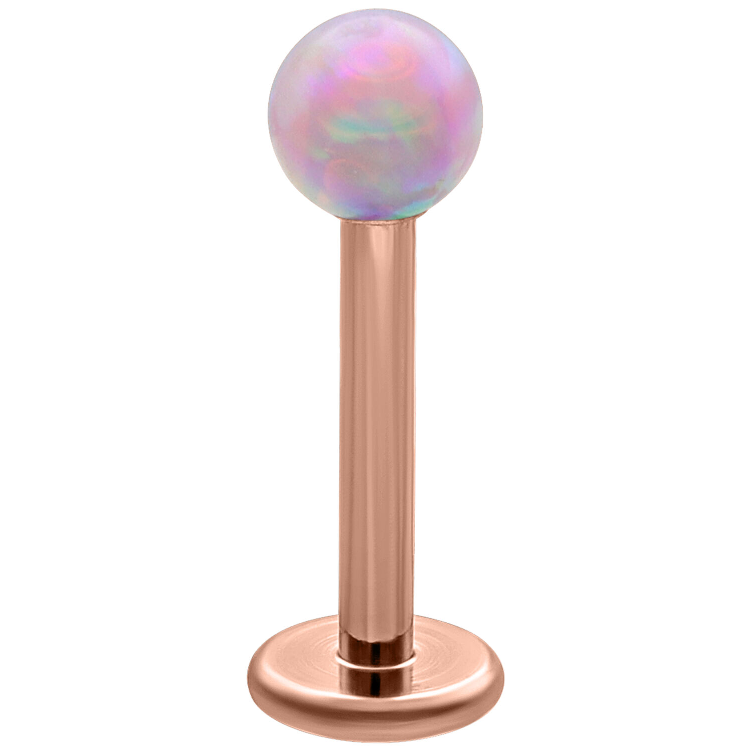 Micro Labret Boule Opale Rose 5,0 mm Micro Labret boule opale synthétique rose avec barre en titane doré rose sur fond blanc