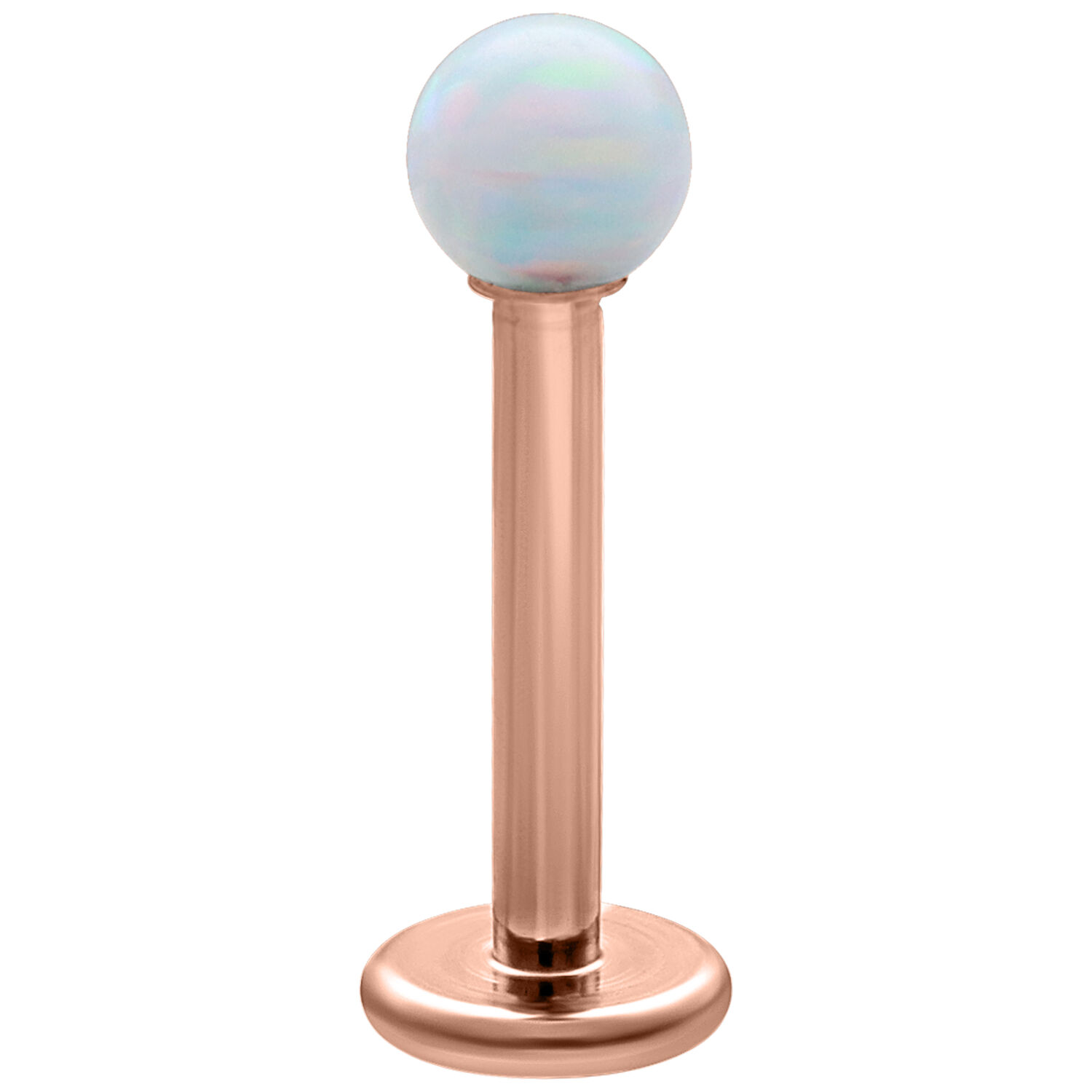Labret en opale blanc avec placage or rose Labret avec opale synthétique blanche et tige en titane plaqué or rose sur fond blanc