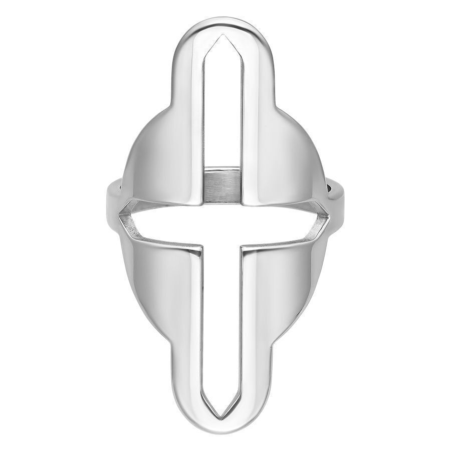 Anneau en acier argenté Big Cross Cutted Anneau en acier chirurgical argenté avec design en croix sur fond blanc