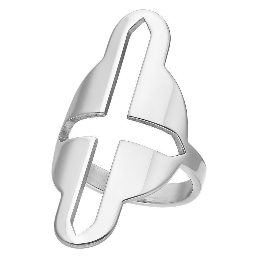 Gros anneau argenté avec croix 18 mm Anneau argenté avec grand motif de croix sur fond blanc