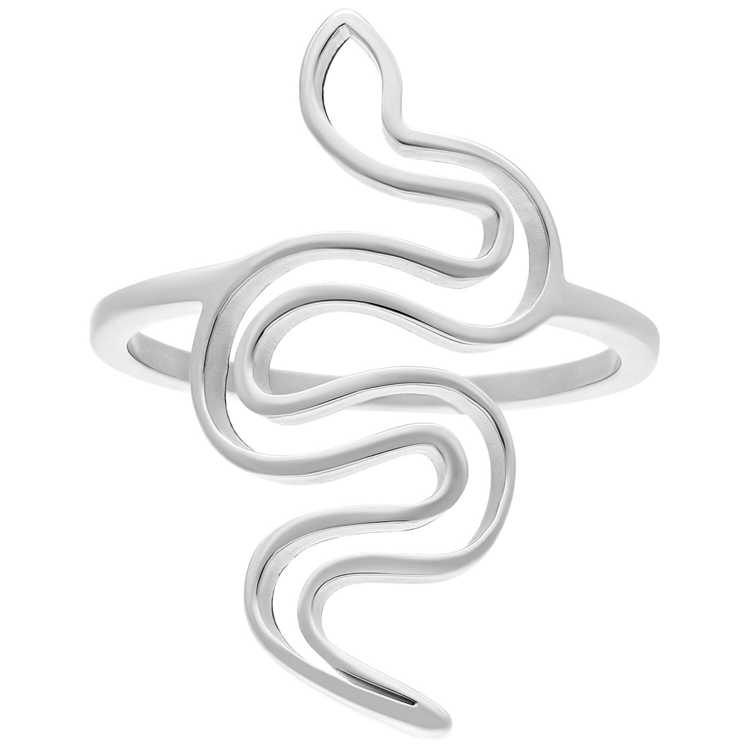 Bague serpent argentée en acier chirurgical taille 17,0 mm sur fond blanc