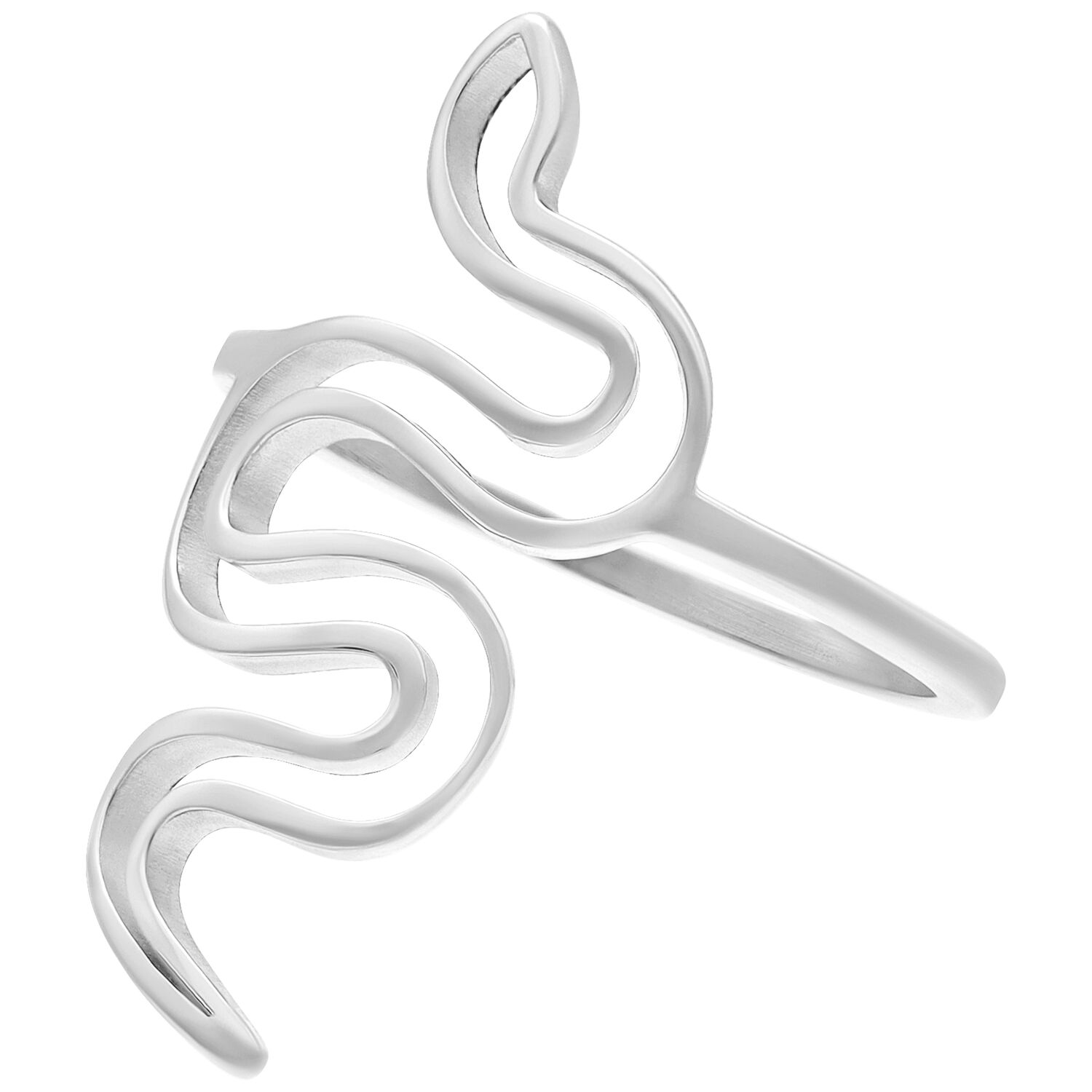 Bague serpent argentée en acier chirurgical sur fond blanc