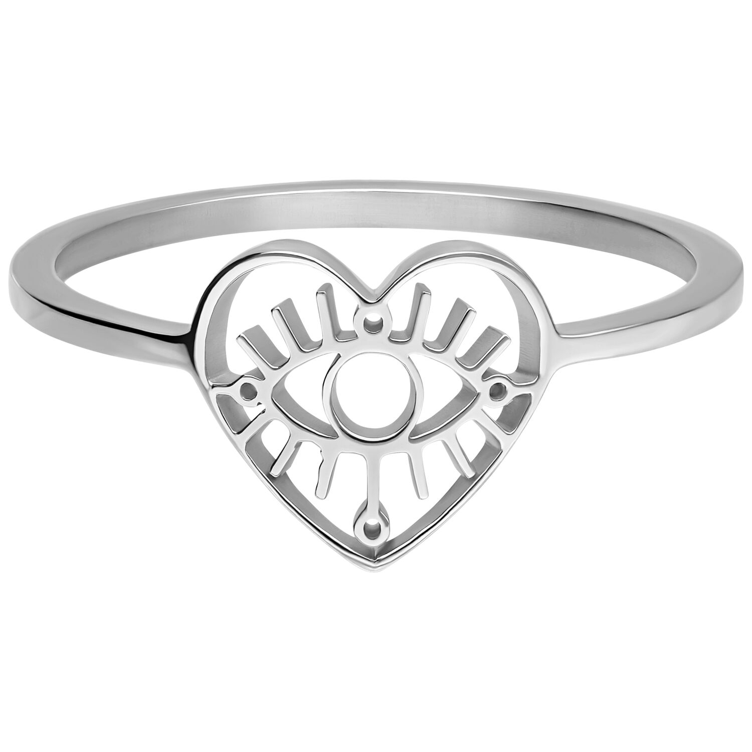 Bague Œil Argentée, Taille 17,0 mm Bague argentée en forme de cœur avec motif œil sur fond blanc