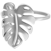 Bague Feuille de Monstera en métal argenté, 20mm Bague argentée en forme de Monstera sur fond blanc