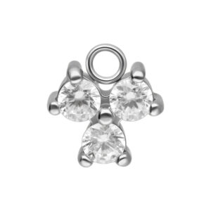 Pendentif en cristal argenté avec trois pierres scintillantes sur fond blanc