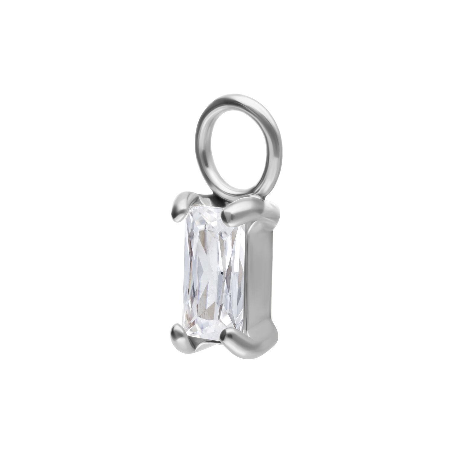 Pendentif piercing argenté avec cristal rectangulaire sur fond blanc