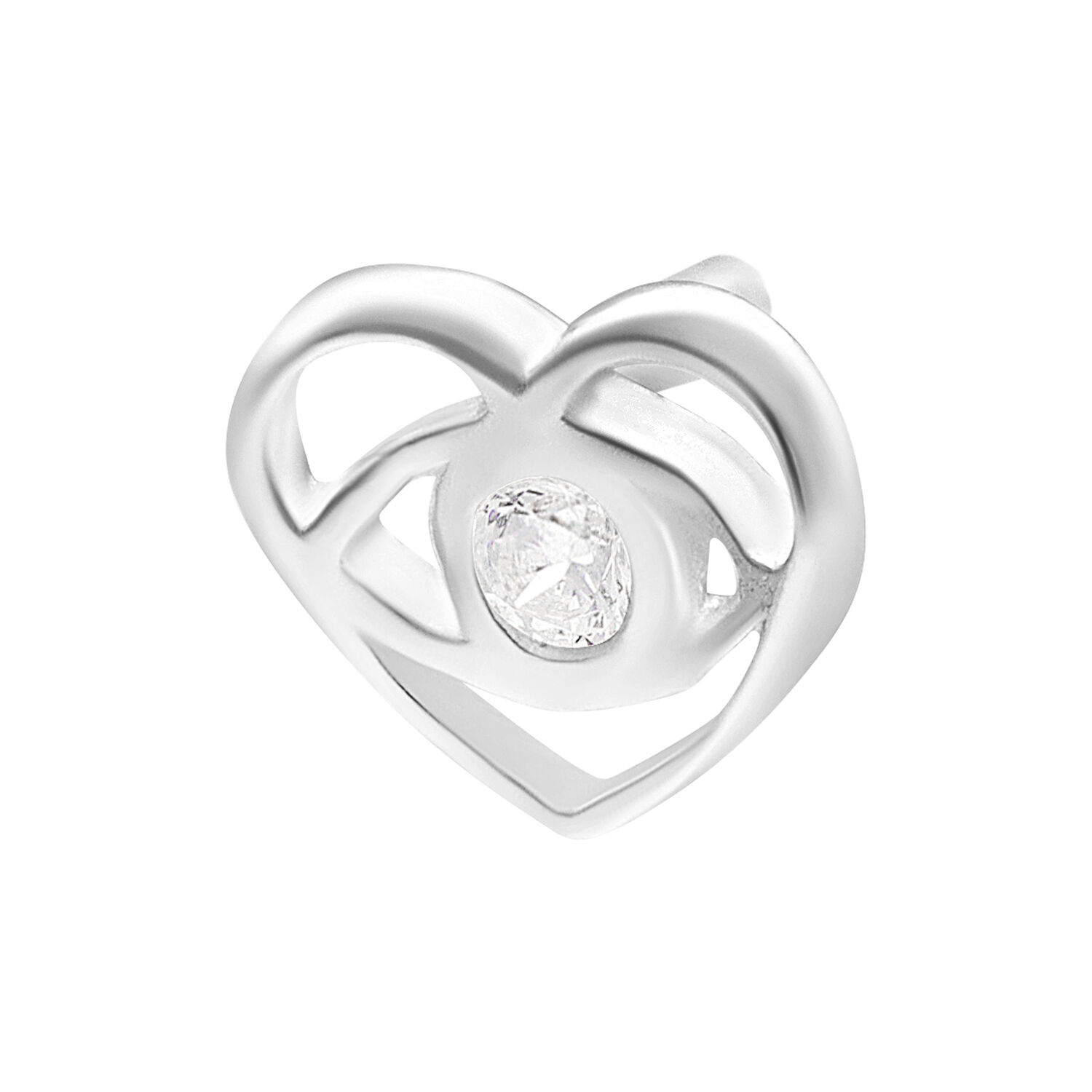 Embout cœur argenté avec cristal Embout Push Fit argenté en forme de cœur avec cristal clair sur fond blanc