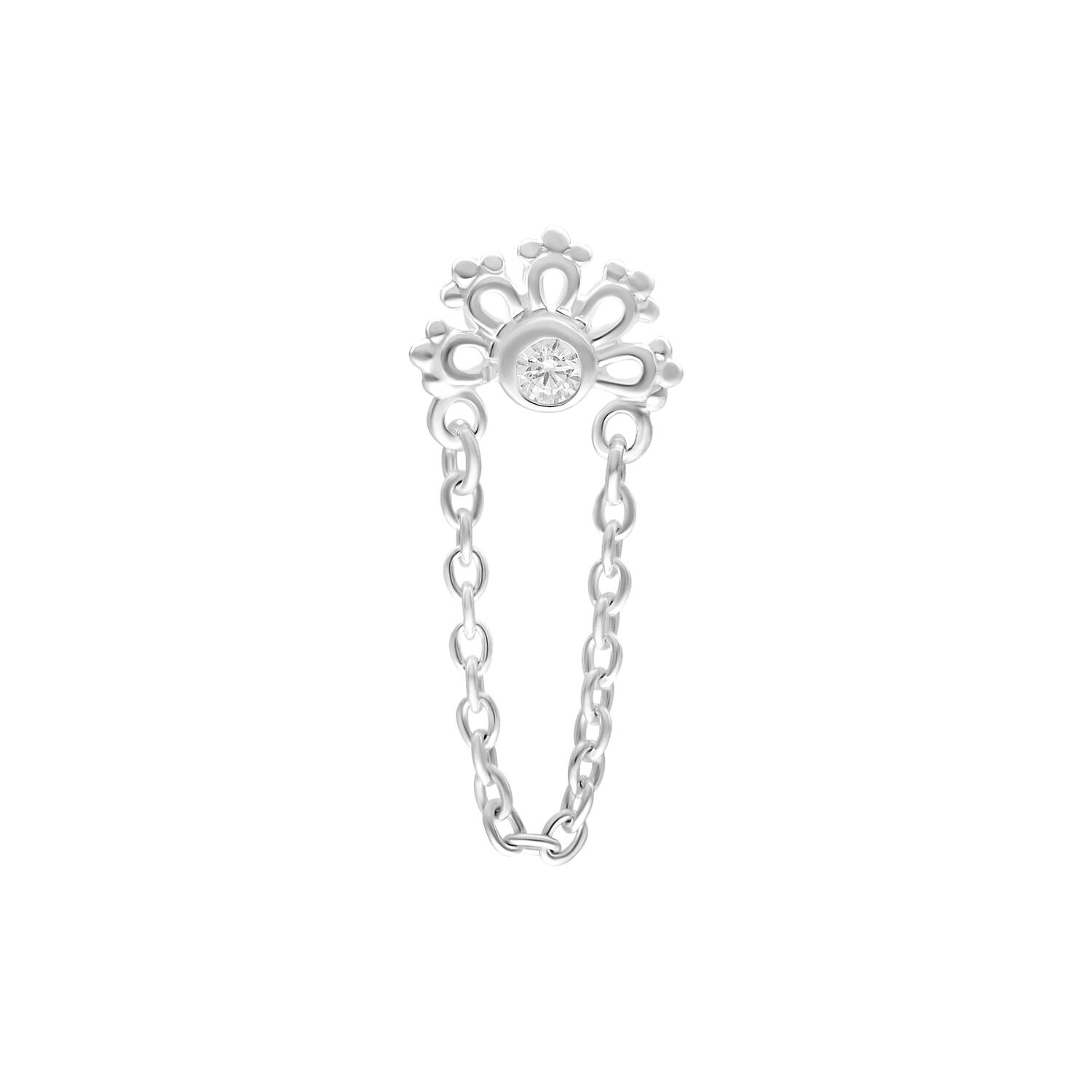 Embout Crystal Sunrise Push Fit Argenté Embout argenté avec cristal clair et élément de chaîne sur fond blanc