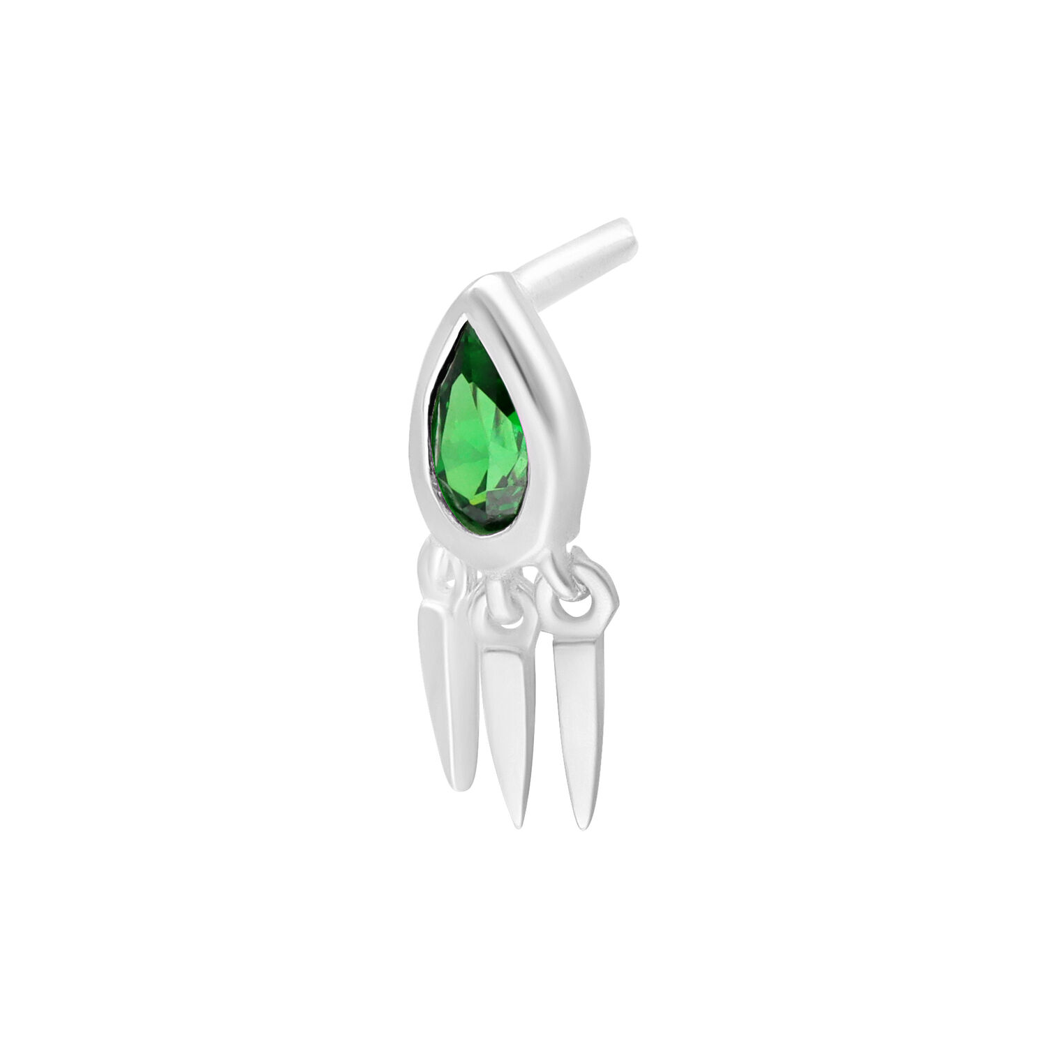 Embout Push Fit Cristal Vert avec Pendentifs Embout Push Fit argenté avec cristal vert et trois pendentifs sur fond blanc