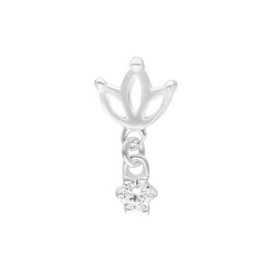 Embout de piercing Lotus argenté avec cristal clair scintillant sur fond blanc