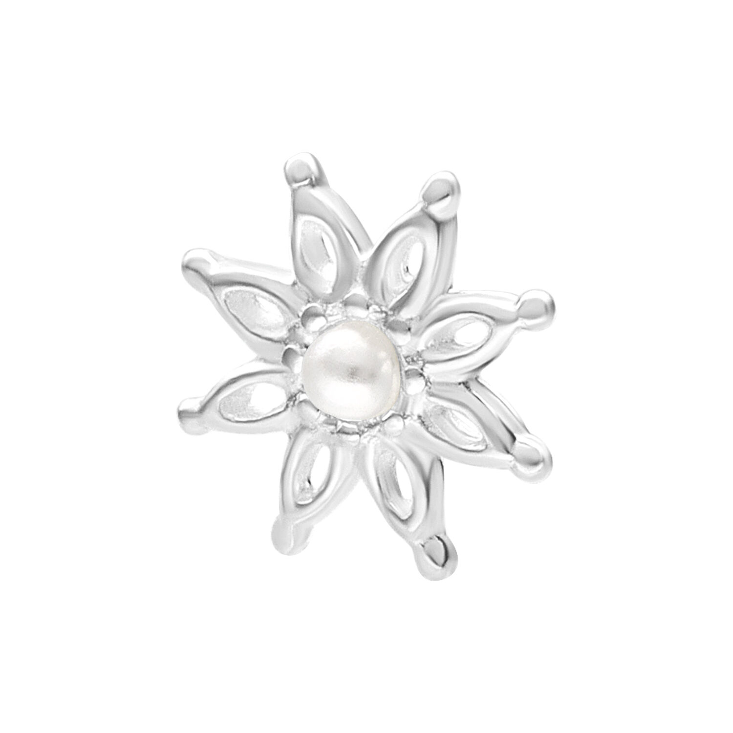 Embout Bloom Push Fit argenté, 7 mm Embout floral argenté avec accent perlé sur fond blanc