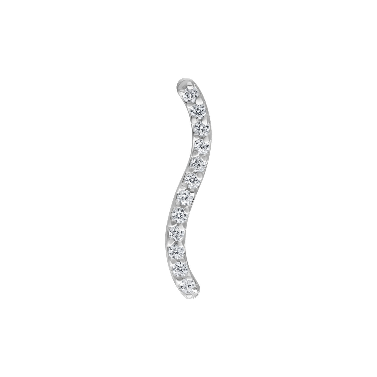 Embout Push Fit argenté avec rangée de cristaux Embout de piercing argenté avec rangée de cristaux incurvée sur fond blanc