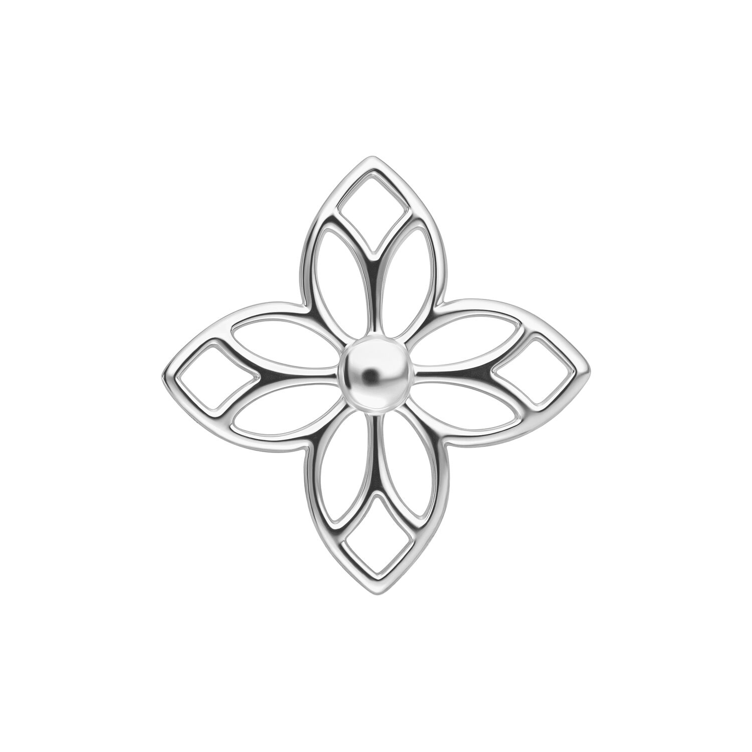 Ornement floral argenté pour piercing Embout floral argenté pour piercings avec design symétrique sur fond blanc