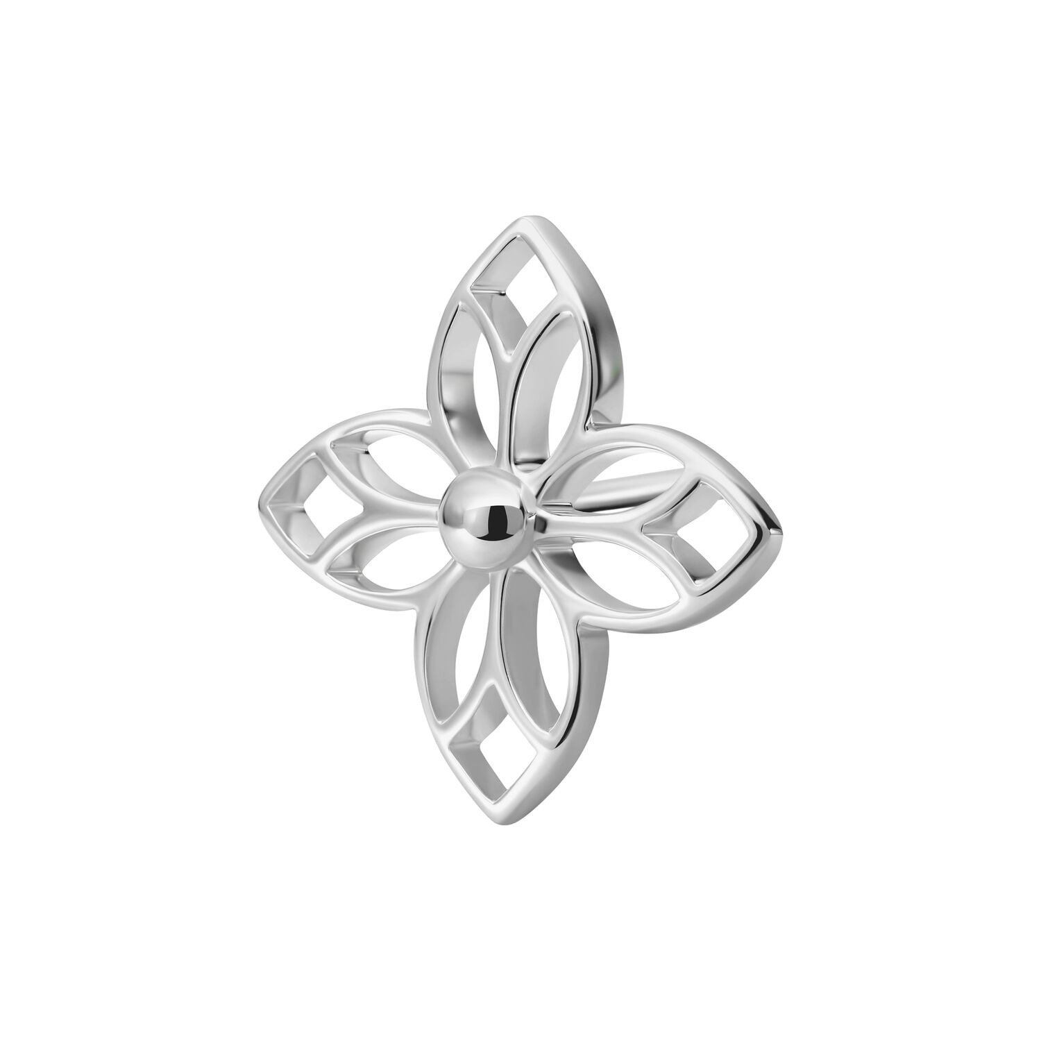 Embout fleur argenté pour piercings Embout fleur argenté en forme de fleur à quatre pétales sur fond blanc