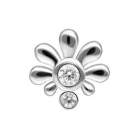 Embout de piercing fleur argenté avec cristaux Embout de piercing argenté en forme de fleur avec des cristaux clairs sur fond blanc