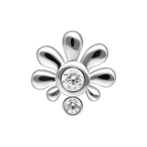 Embout de piercing argenté en forme de fleur avec des cristaux clairs sur fond blanc