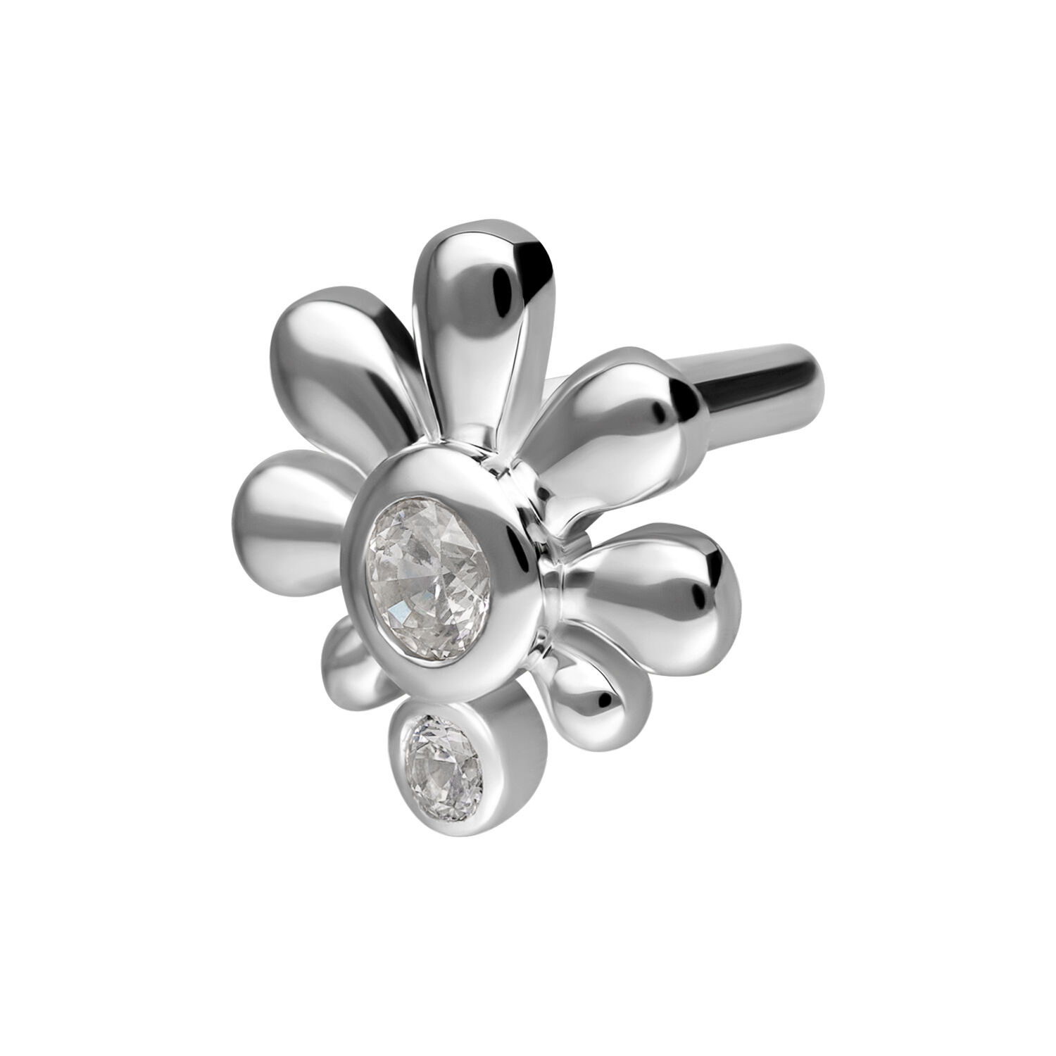 Embout de piercing fleur argenté avec cristal Embout fleuri argenté avec cristaux ronds au centre sur fond blanc