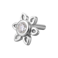 Embout de piercing fleur argentée avec cristal Embout fleur argentée avec cristal clair sur fond blanc