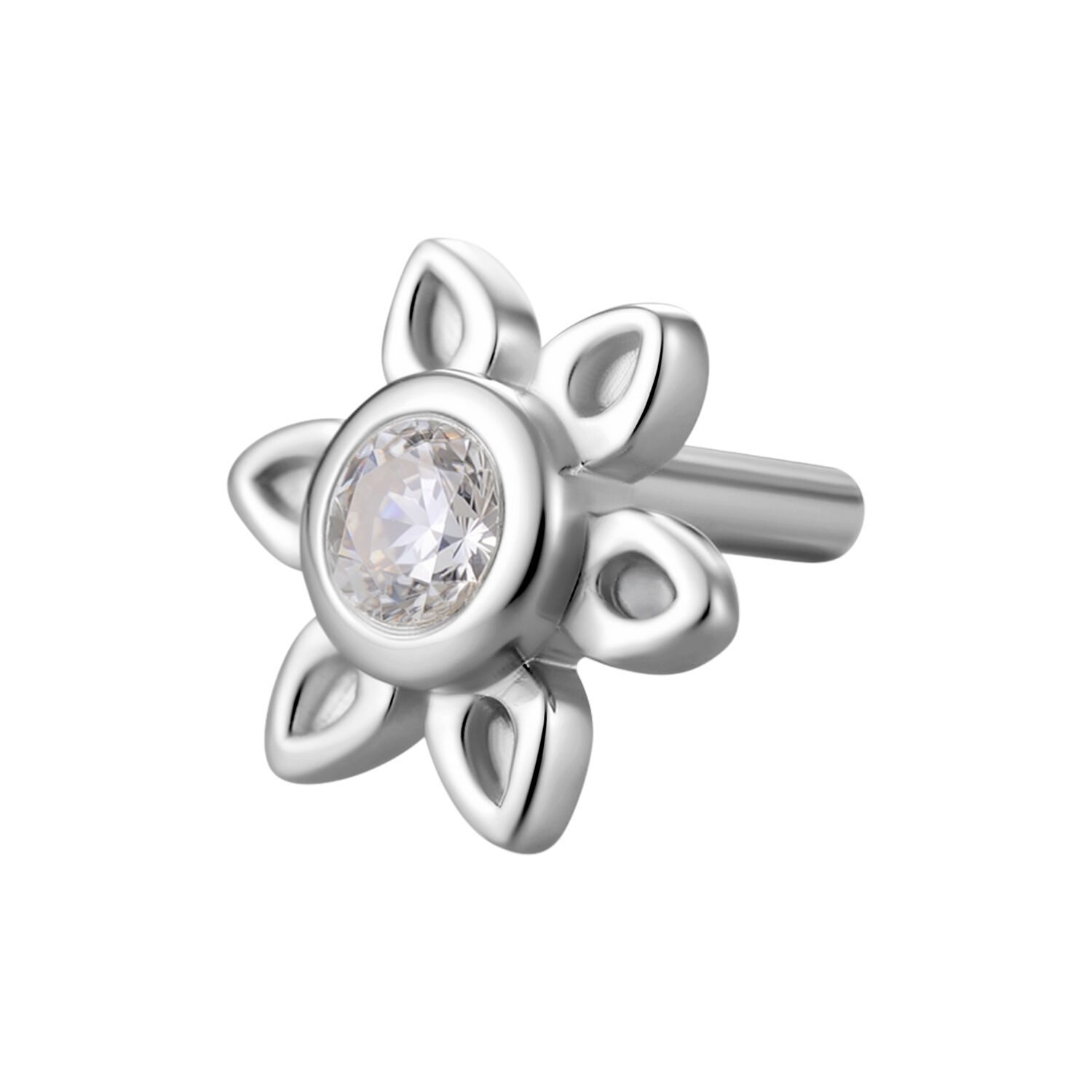Embout de piercing fleur argentée avec cristal Embout fleur argentée avec cristal clair sur fond blanc