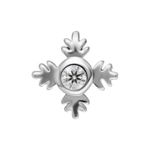 Embout feuille argenté avec cristal clair scintillant au centre, sur fond blanc