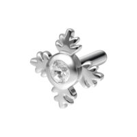 Embout en forme de feuille argentée avec cristal clair sur fond blanc.