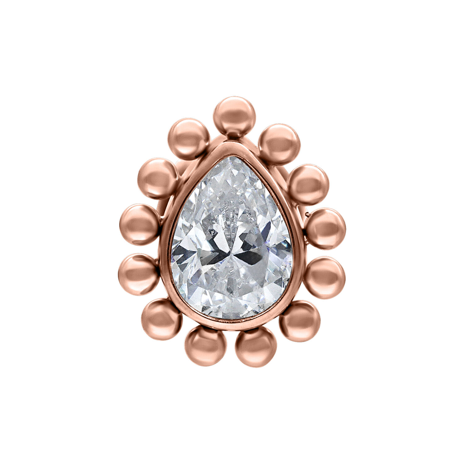 Embout Teardrop en or rose avec cristal Embout Teardrop en or rose avec cristal clair sur fond blanc